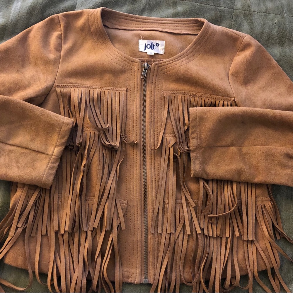 Very fun boho-chic fringe waist-high jacket.